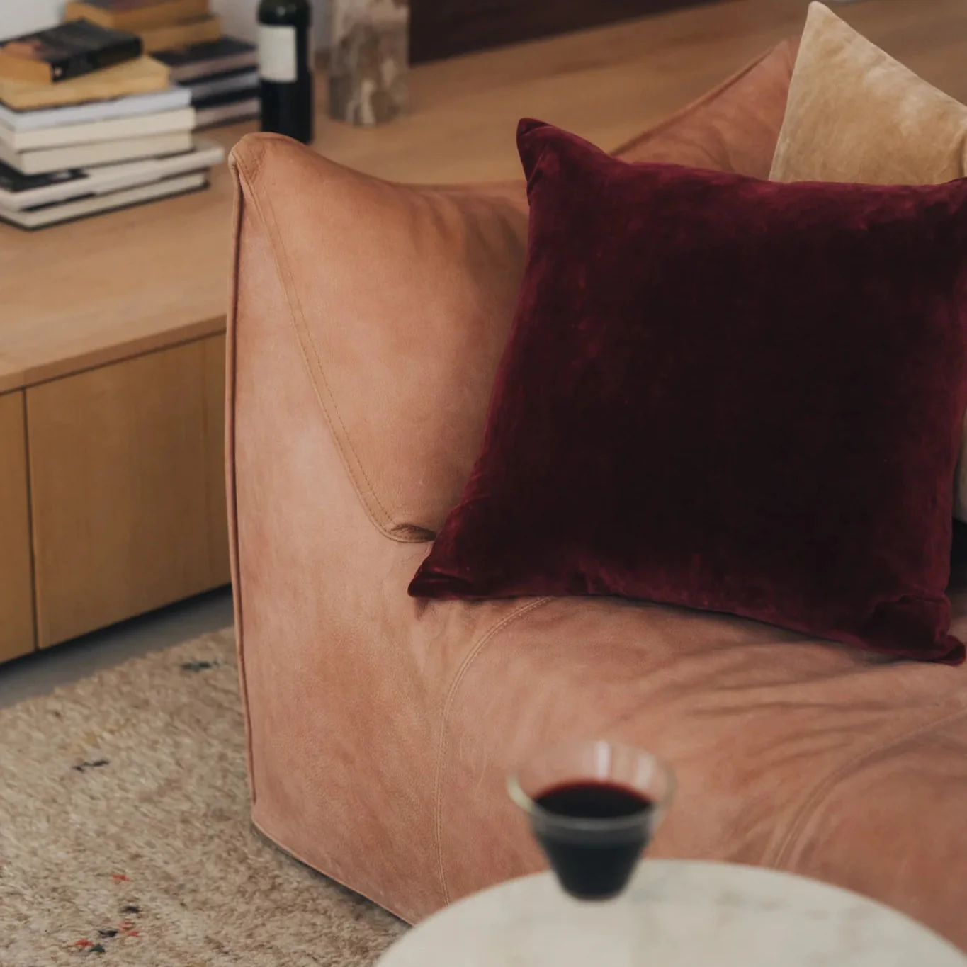 Linen/Velvet Square Cushion with Feather Insert - Burgundy - Image 2
