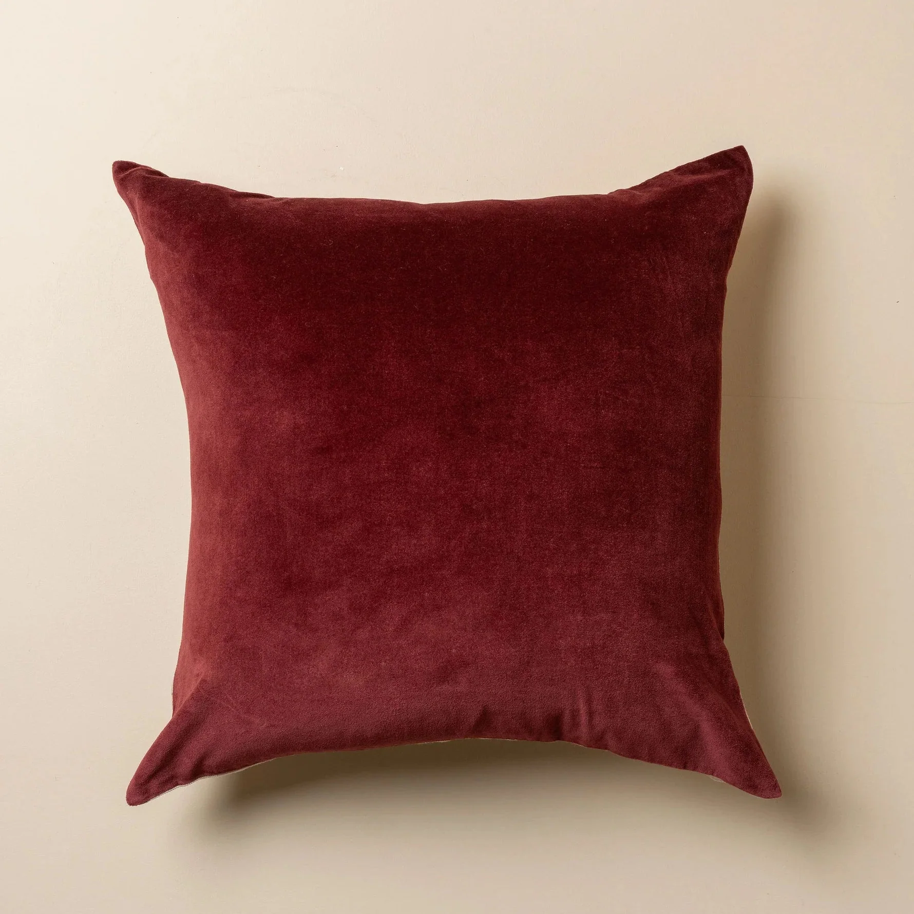 Linen/Velvet Square Cushion with Feather Insert - Burgundy - Image 3